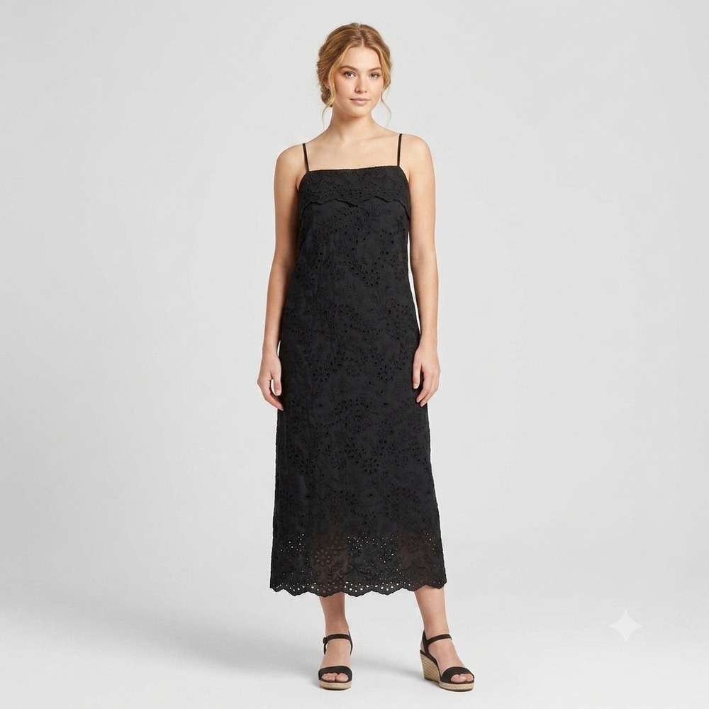 NWT Karen Kane Mango Tango Eyelet Midi Dress Black Embroidered Scallop XL boho